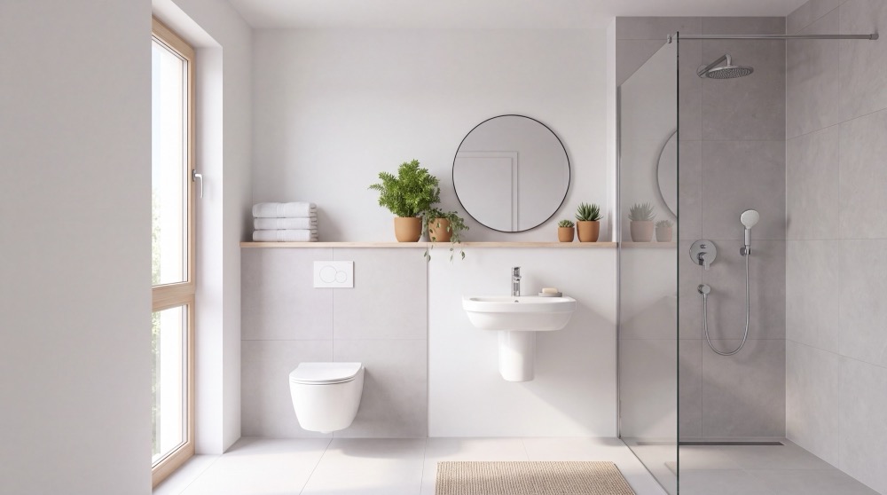 Modernes, helles Bad mit Glasdusche und Wand-WC