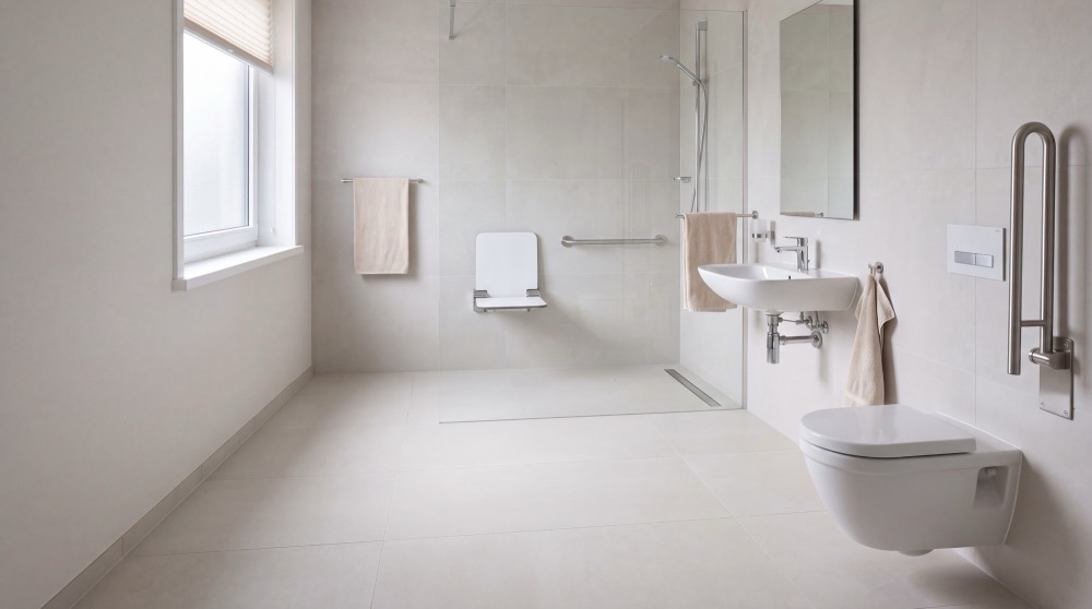 Barrierefreies Bad mit bodengleicher Dusche und Klappsitz