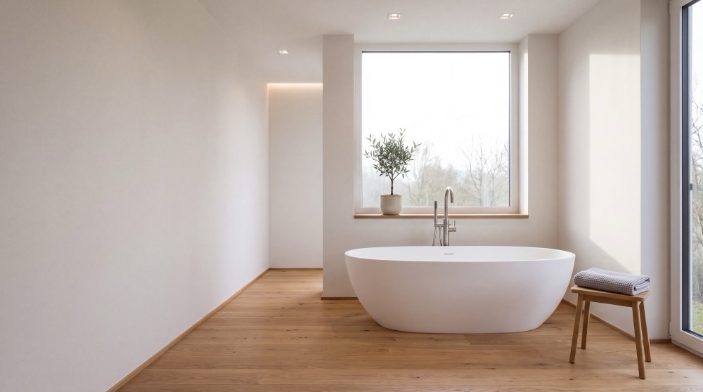 Freistehende Badewanne in einem Bad mit Holzboden