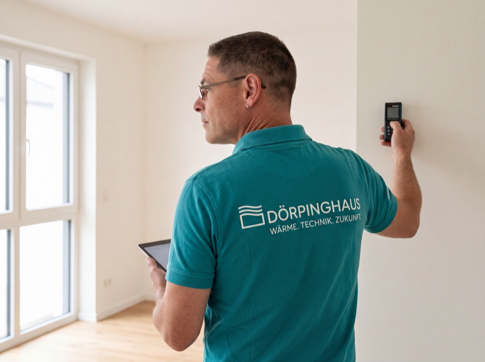 Dörpinghaus-Monteur misst eine Wand mit dem Laser aus