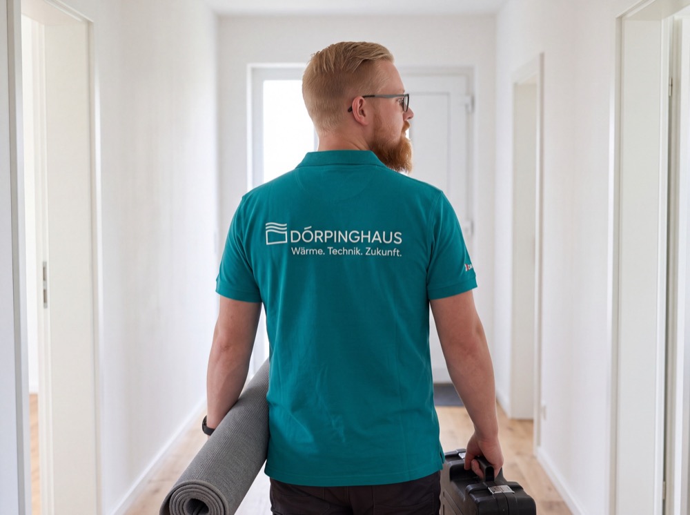 Dörpinghaus-Monteur trägt Schutzvlies und Werkzeug durch den Flur