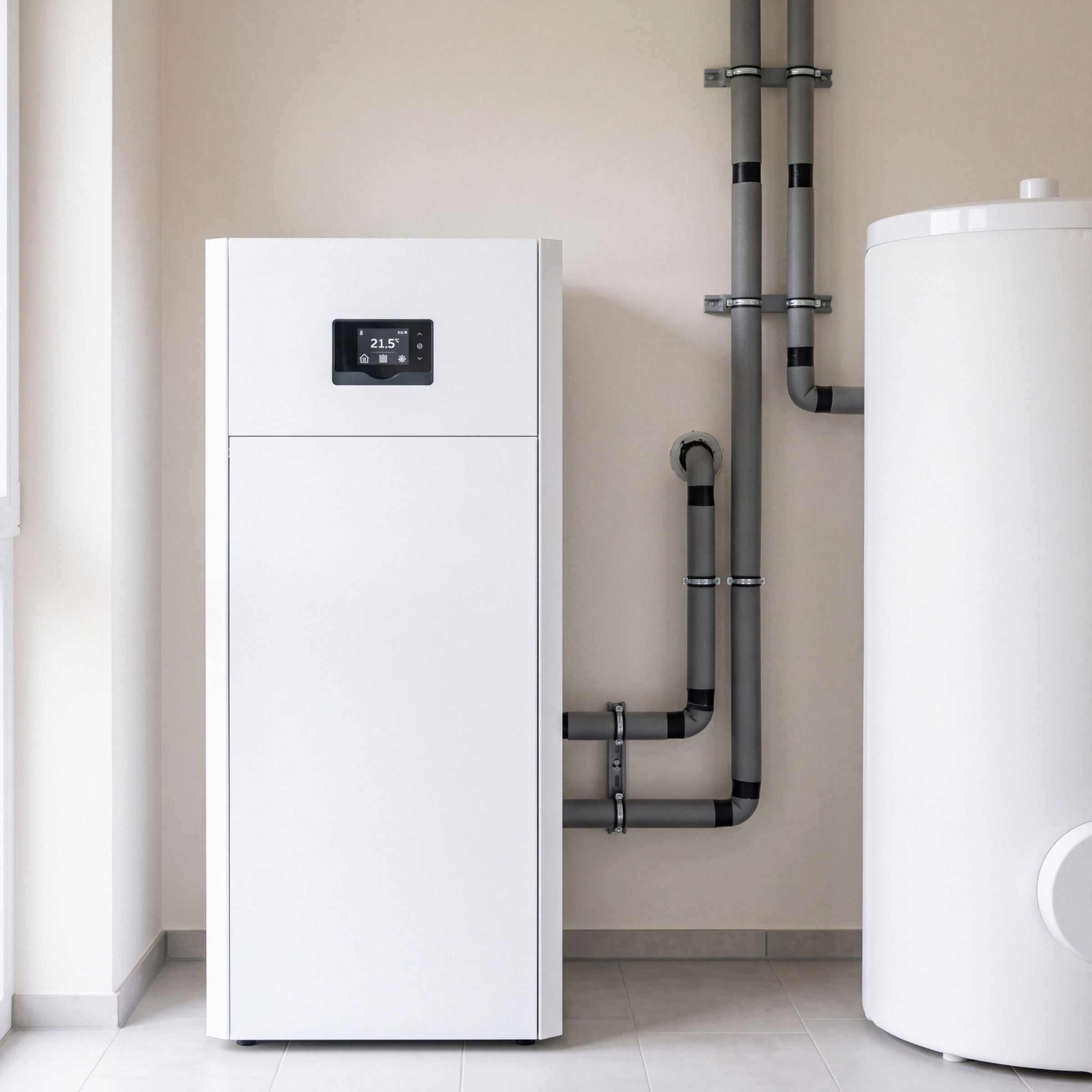 Wärmepumpen-Innengerät mit Warmwasserspeicher im Hauswirtschaftsraum