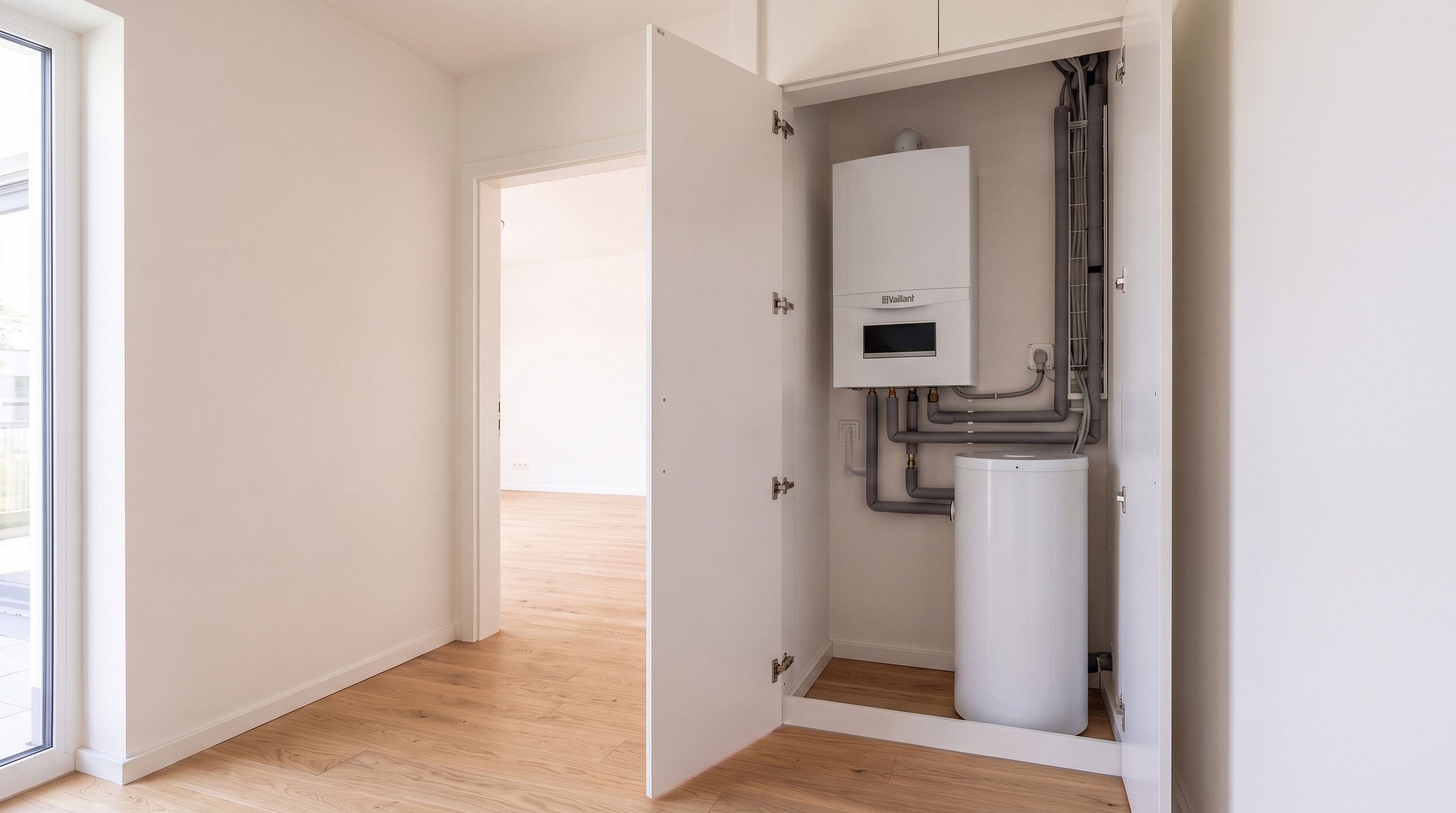 Kompakte Heizungsanlage in einer Wohnungsnische