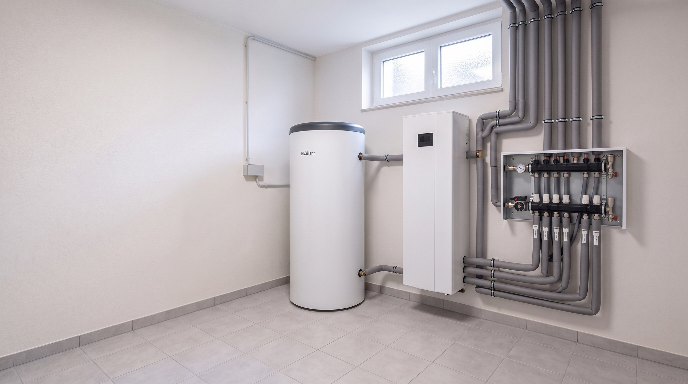Zentrale Heizanlage mit Speicher und Verteilern im Technikraum