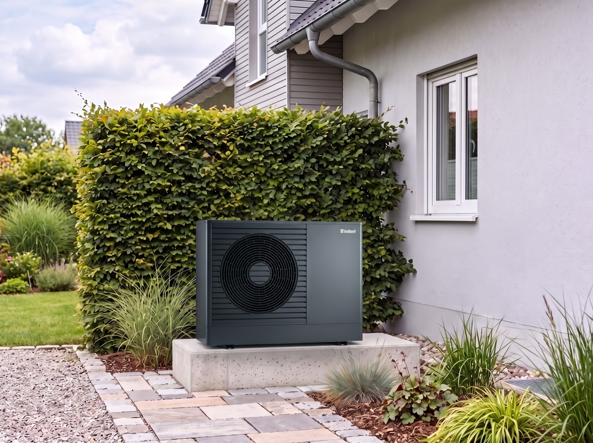 Vaillant-Wärmepumpe vor einem Einfamilienhaus