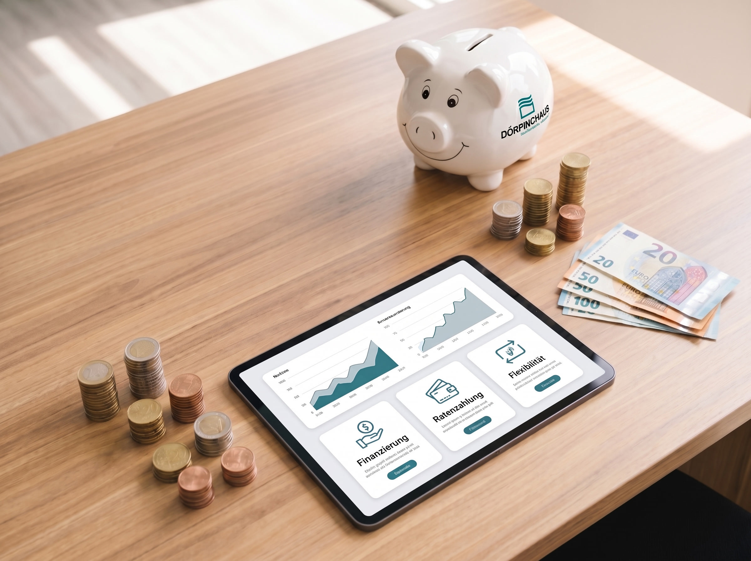 Sparschwein mit Dörpinghaus-Logo, Münzen und Tablet mit Finanzierungsübersicht