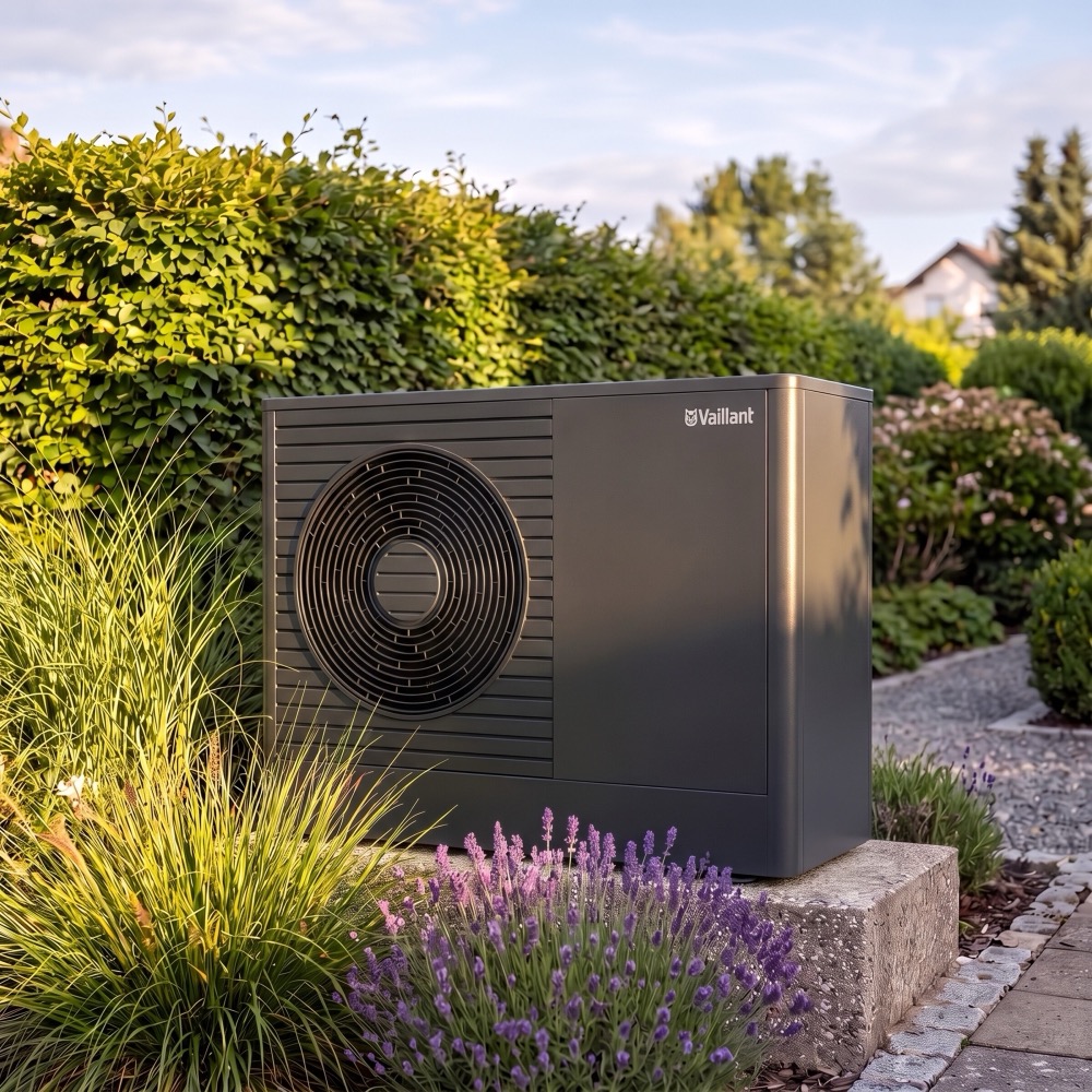 Vaillant-Wärmepumpe in einem Garten mit Lavendel