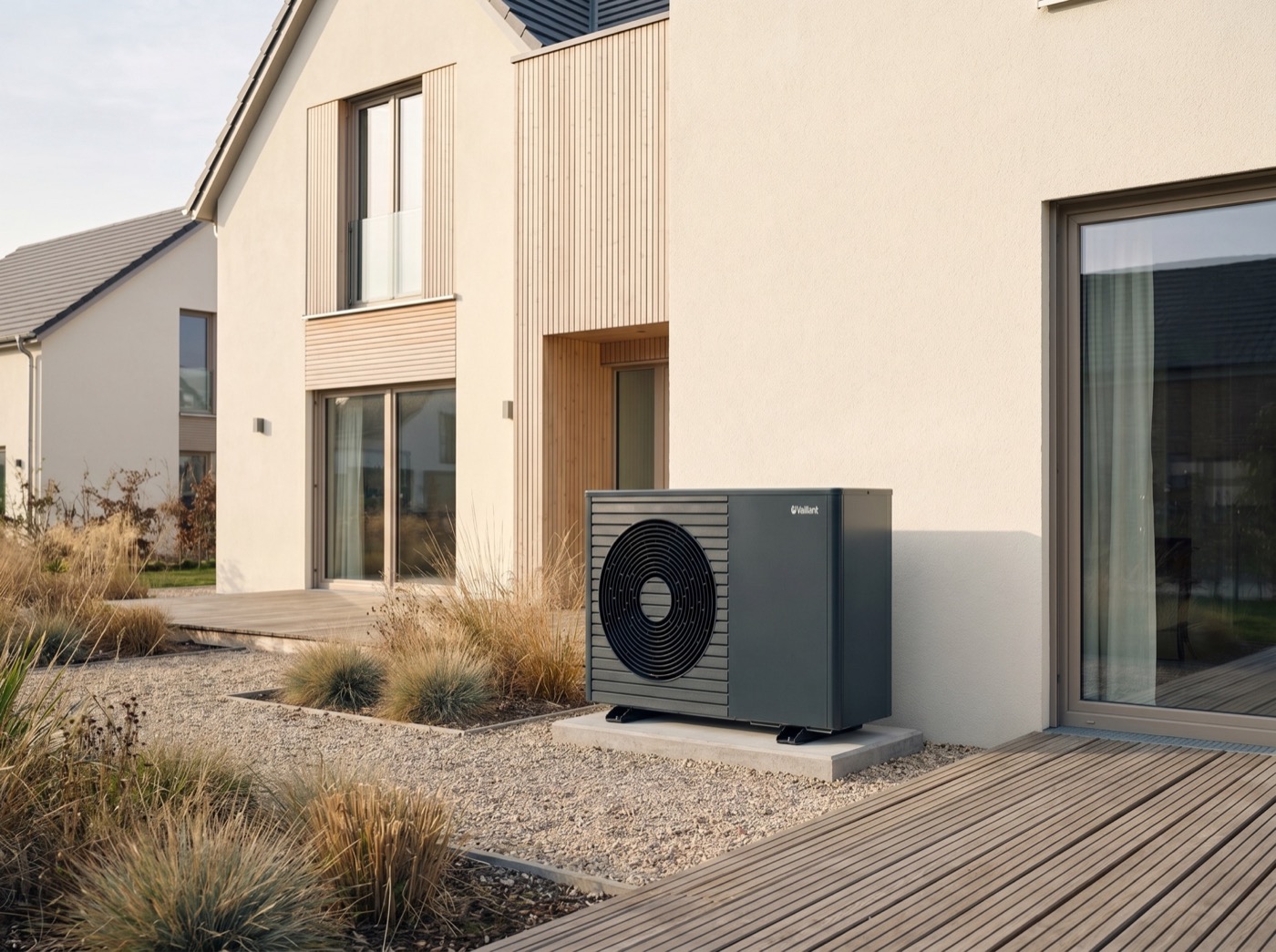 Vaillant-Wärmepumpe an einem modernen Einfamilienhaus