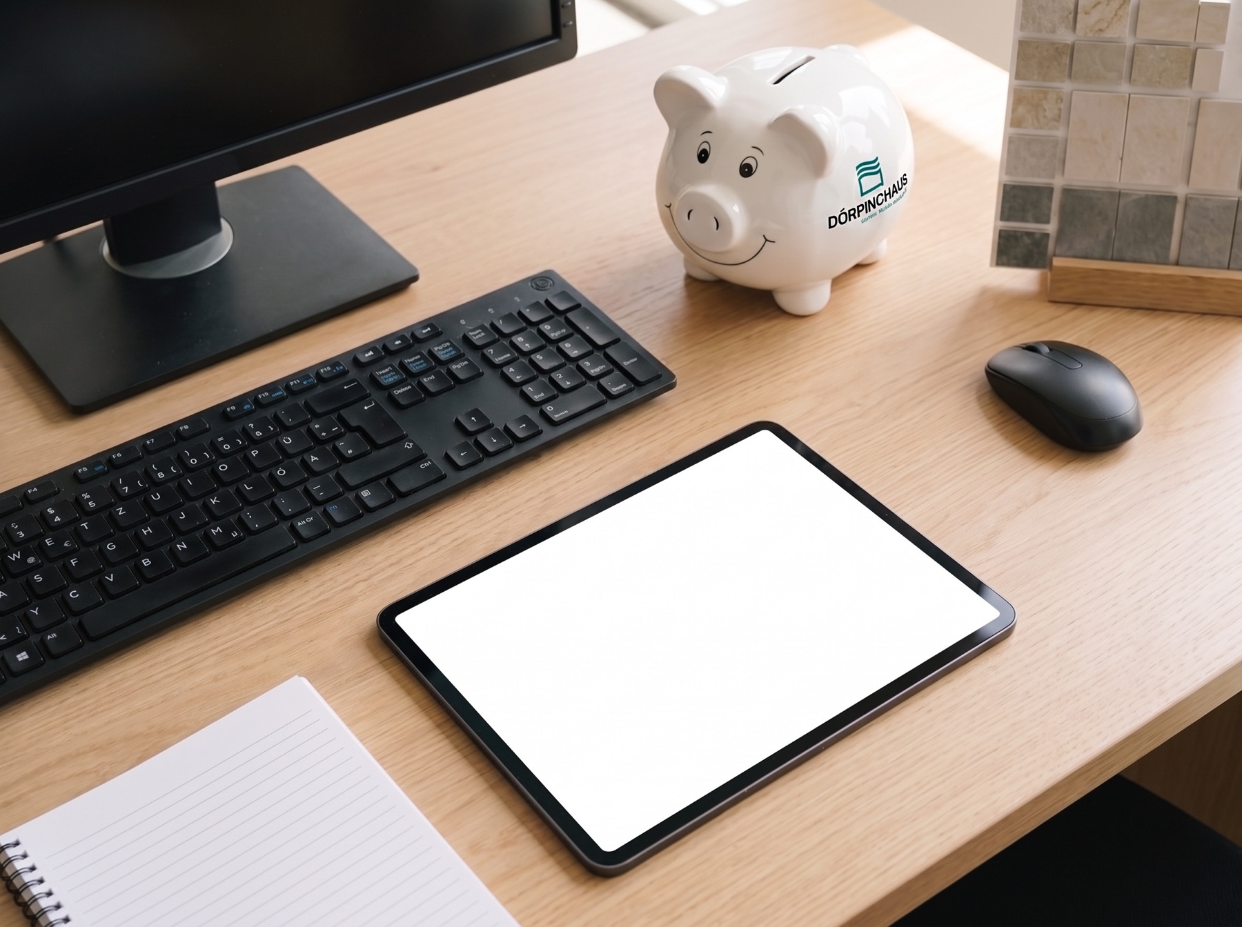 Tablet, Tastatur und Sparschwein mit Dörpinghaus-Logo auf einem Schreibtisch